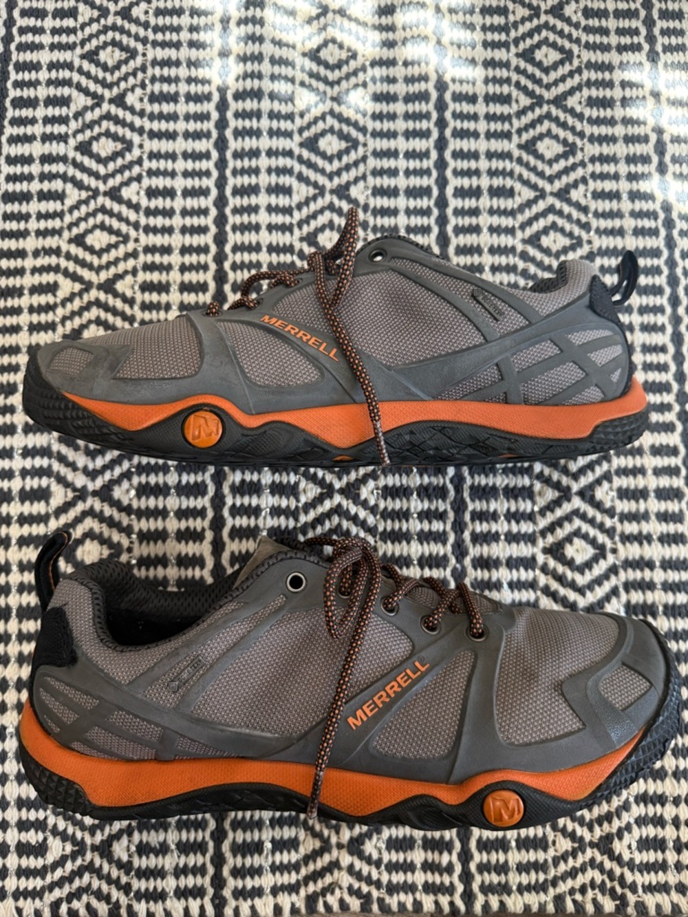 Merrell Gore-Tex Wild Dove Geometric Gray and Orange Chunky Hiking Sneakers